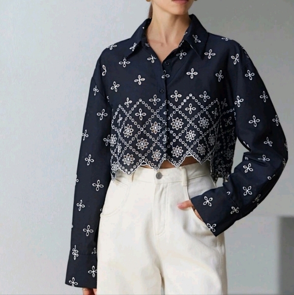 Commuting FashionVersatile Contrast Color Embroidered Short-Sleeve Cropped Shirt - Picture 3 of 4